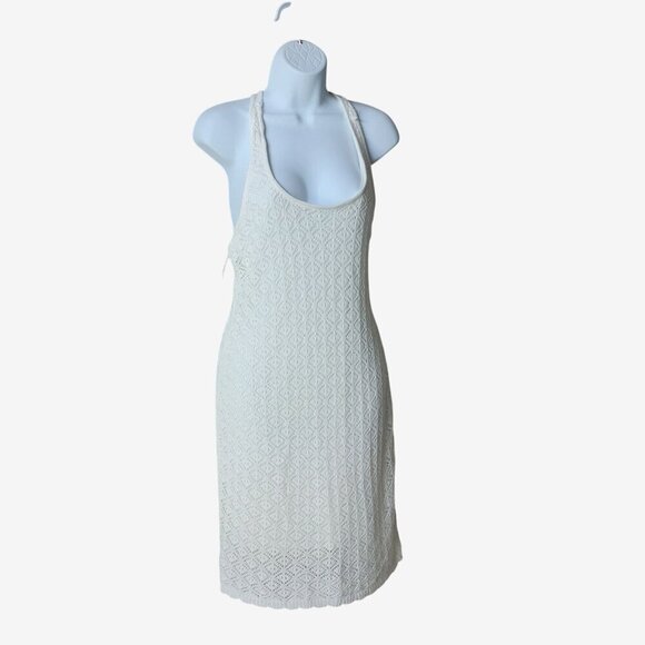 Madden NYC Ivory Crochet Sleeveless Halter Dress W Cross-Back Straps SZ L - Picture 2 of 7